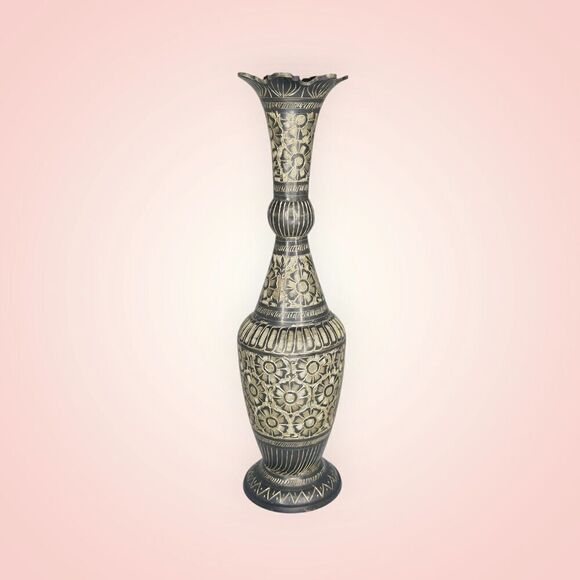 VINTAGE BRASS VASE Hand Etched Floral Pattern Made In INDIA Black gold 11" - Picture 1 of 6